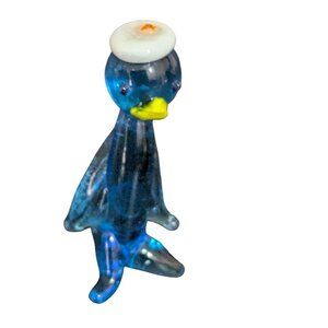 Miniature Art Glass Penguin Figurine Blue & White With Yellow Beak Unique Design